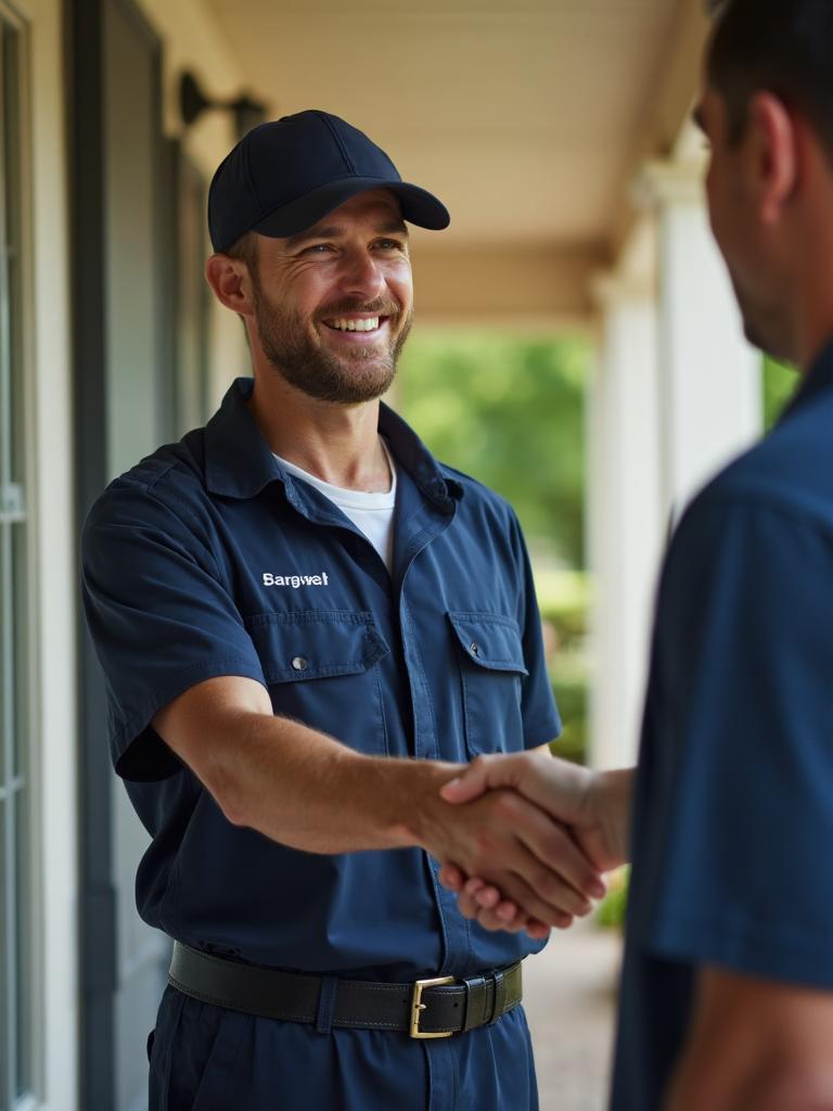 HVAC technicians discussing service plans at a residential home